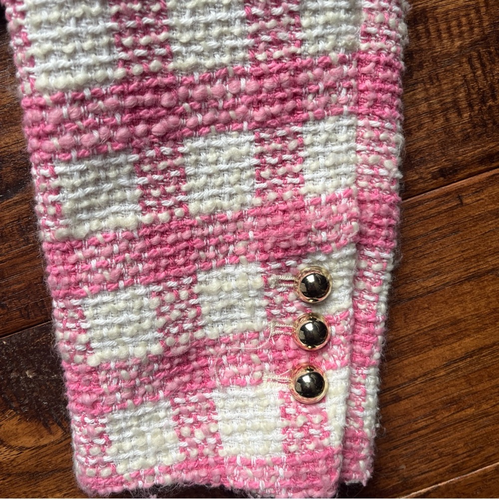 MANGO Pink White Plaid Check Tweed Cropped Blazer Jacket. - Picture 11 of 16